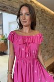 Made in Italy Forget Me Knots Bardot Shirring Dress Flamingo /9 =